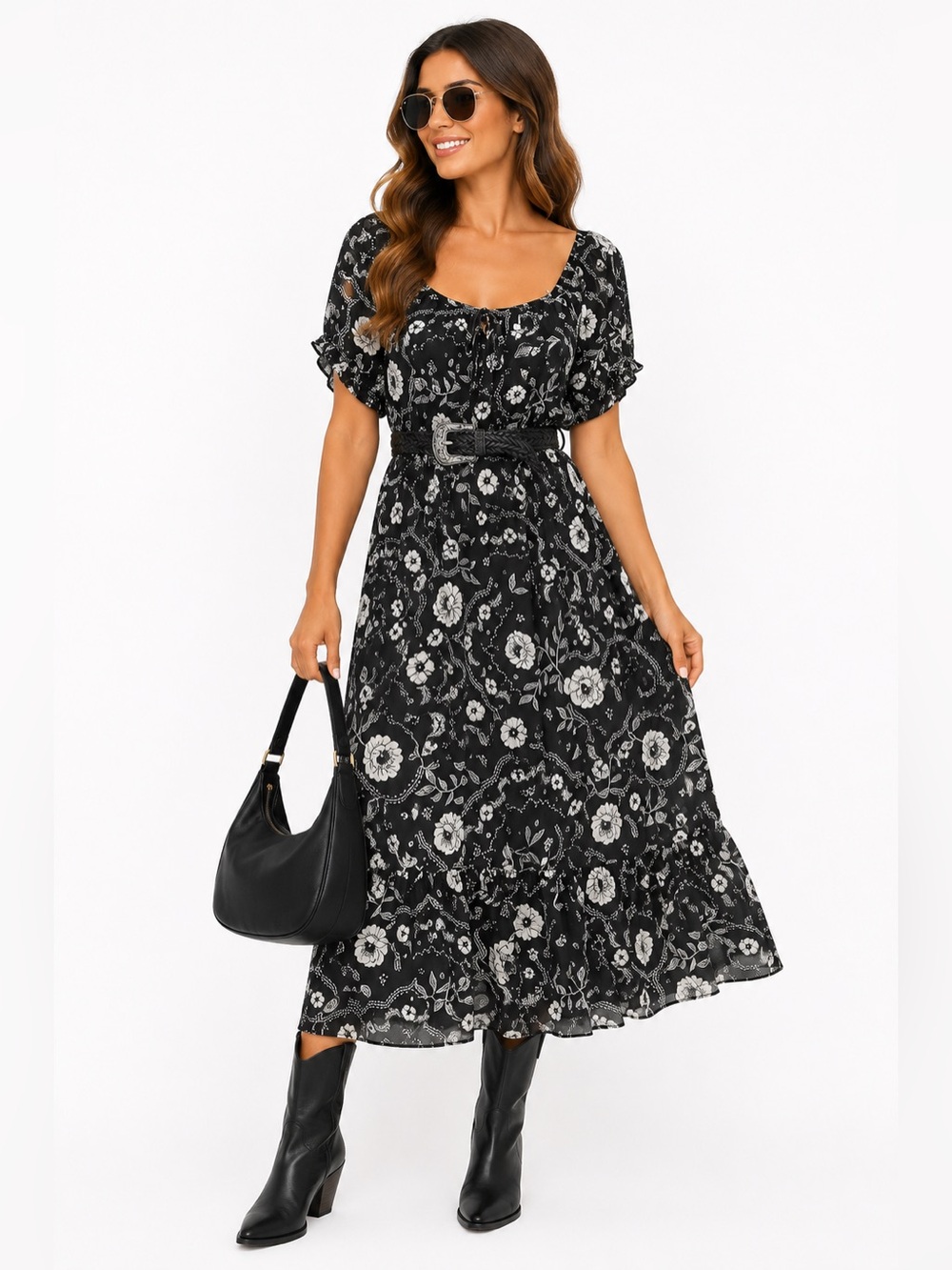 WallFlower Black & White Floral Midi Dress | NWOT | Size Large